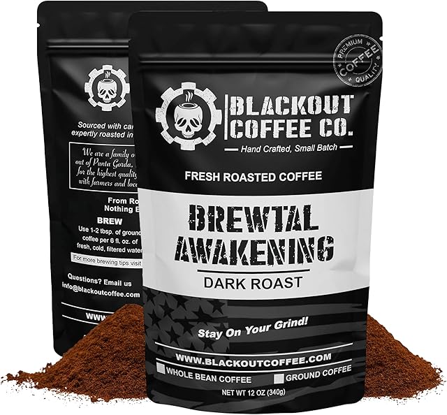Blackout Coffee, Brewtal Awakening Dark Roast Coffee, High Caffeine, Bold, Rich, Aromatic, Strong & Flavored Coffee Beans, Fresh Roasted In The USA – 12 oz Bag (Ground Coffee)