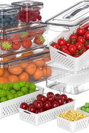 5 Pcs Fruit Storage Containers For Fridge with Removable Colander and Handle Lid, Refrigerator Organizers and Storage, Airtight Container to Keep Berry Fruit and Vegetable Fresh Longer Dishwasher Safe