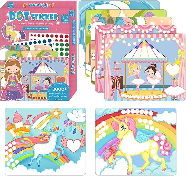 The Weipbwor DIY Dot Sticker Art Craft, 12 Unicorn and Princess Mermaid Themed Pictures, No Mess Sticker Art,Ideal Gift for Boy and Girl Age 3 to 7