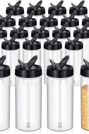 Zhehao 24 Pieces Plastic Spice Containers Plastic Spice Bottles Clear Reusable Large Empty Seasoning Jars with Shaker Lids for Kitchen Storage Seasoning Powder Herbs Cabinet (16 oz,Clear and Black)