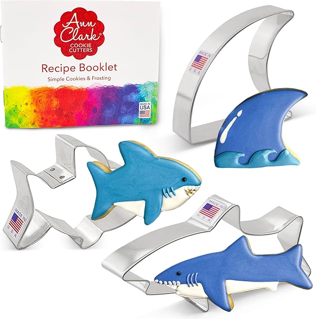 Ann Clark Cookie Cutters Shark 3-Pc. Cookie Cutter Set Made in USA, Great White Shark, Shark Fin, Shark