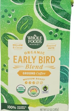 Whole Foods Market, Organic Early Bird Blend, Medium Roast Ground Coffee, Cocoa & Roasted Nuts, 12 Ounce