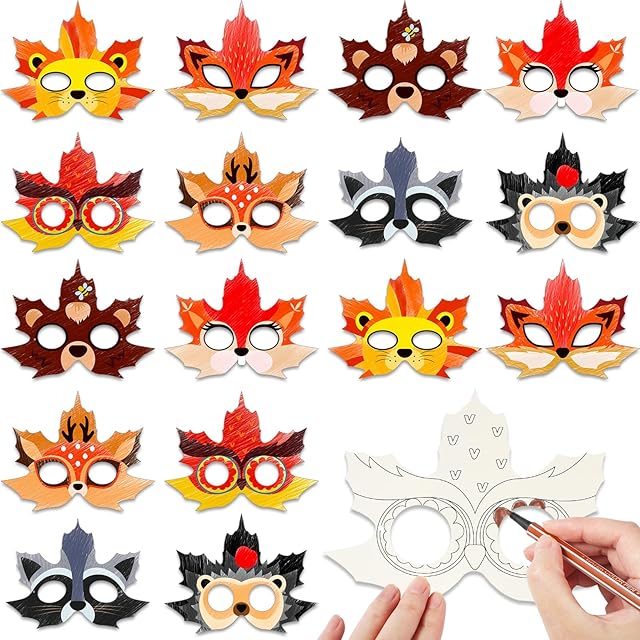 The Funrous 24 Pcs Fall Craft Kits Autumn Maple Leaf DIY Mask Color Your Own Animal Blank Painting Paper Mask Thanksgiving Craft