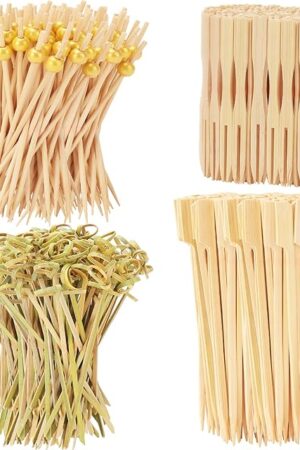 500PCS Cocktail Picks Kit, 4 Styles Fancy Toothpicks for Appetizers, 3 Sizes Long Bamboo Skewers, Decorative Wooden Cocktail Sticks for Party Supplies Food Drinks Fruit Charcuterie Boards Accessories