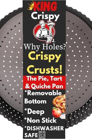 Why Holes: For The Crispiest Crusts. King Crispy's Deep Pie, Tart & Quiche Pan. A Non-Stick, Removable Bottom, Dishwasher Safe, Perforated Pie Pan Baking Plate Dish (9 inch x 2 Deep).