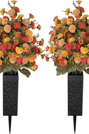 Artificial Cemetery Flowers for Grave: 2 Pcs Fake Fall Flowers for Cemetery Orange Mums Bouquets with Vases - Outdoor Grave Decorations