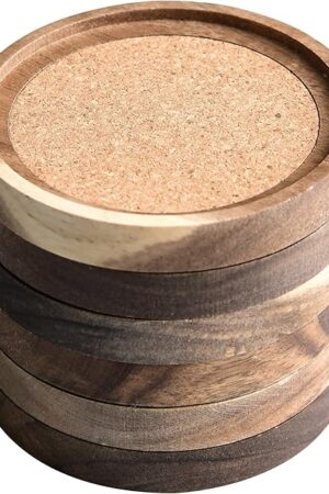 Acacia Wood Coasters for Drinks, 4.13 Inch, Set of 6, Absorbent and Insulation Cork Stackable Cup Holders, Rustic Coasters for Wooden Table, Designed by S1EGAN
