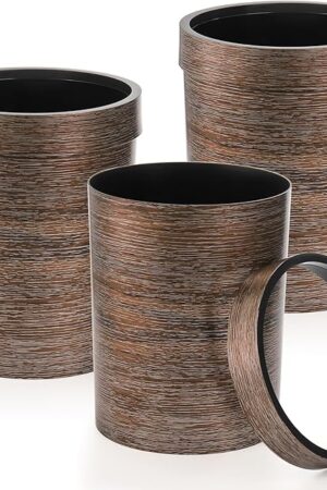 3 Pack Vintage Small Trash Can, 1.7 Gallon Plastic Round Wastebasket, Hipsteen Retro Style Garbage Can, Wood Grain Garbage Bin with Top Ring to Fix Bag for Home Kitchen Office Bathroom