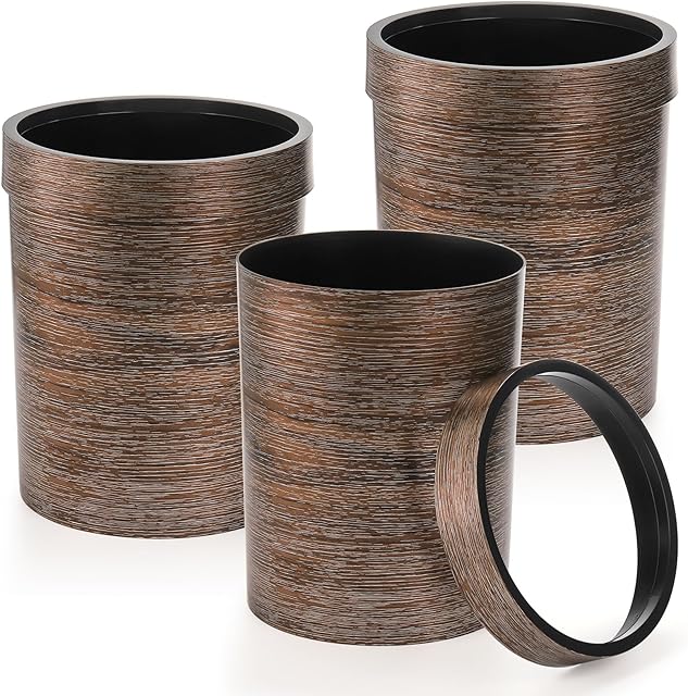 3 Pack Vintage Small Trash Can, 1.7 Gallon Plastic Round Wastebasket, Hipsteen Retro Style Garbage Can, Wood Grain Garbage Bin with Top Ring to Fix Bag for Home Kitchen Office Bathroom