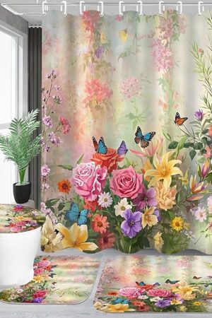 DDQQ 4-Piece Butterfly Floral Shower Curtain Set Botanical Aesthetic Flower Bathroom Set with Shower Curtain and Rugs, Cute Fun Decorative Bath Curtain with Hooks for Home Decor