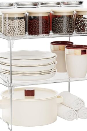 2 Pcs Cabinet Organizer Shelf，Stackable Kitchen Counter Shelves, Spice Rack,Countertop Organizers，Clear Plastic Storage Shelves Rack for Makeup，Bathroom, Cupboard，Desk，Pantry Organization