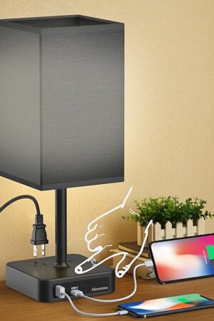 Bedside Table Lamp with Touch Control & USB C+A Charging Ports LED Desk Lamp with 2 AC Outlets, Minimalist Nightstand Light with Black Fabric Shade for Bedroom, Living Room, Office, Black