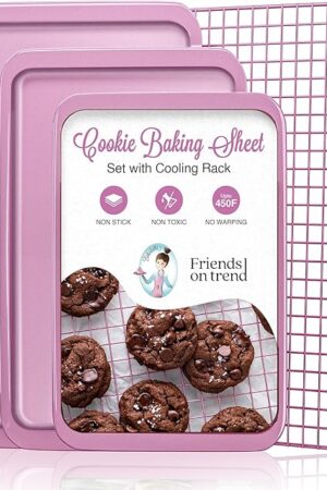 3 Pink Baking Sheet set with Cooling Rack Baking Sheet Pans Set, Pink Cookie Sheets for Baking Nonstick with Wire Rack Set of 3 Pink Baking Sheets for Oven, Half/Quarter/Jelly Roll Pan