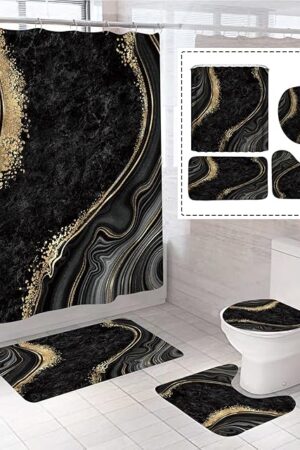 beifivcl 4Pcs Luxury Marble Shower Curtain Sets, Bathroom Sets with Shower Curtain, Toilet Lid Rug, Bath Mat and Contour Mat, Shower Curtain with 12 Hooks for Bathroom Set Decor 72 x 72 Inch, Black﻿