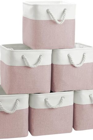 Cube Storage Bins, 6 Pack 11x11 inch with Cotton Handles for Closet, Shelves, Clothes, Toys, Towel (White/Pink)