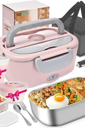 AOSION Electric Lunch Box for Adults, Heated Lunch Box 3-IN-1 80W Self Portable Food Warmer for Car/Truck/Office, Upgraded Lunch Box Leak-Proof Stainless Steel Container, Gifts for Women (Pink)