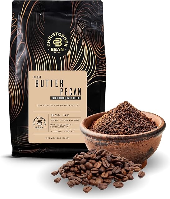 Christopher Bean Coffee - Certified Kosher - Decaf Ground Universial Drip Butter Pecan Flavored Coffee| Coffee Beans with Medium Roast 100% Arabica, No Sugar, No Fats, Non-Gmo | 10-Ounce Bag