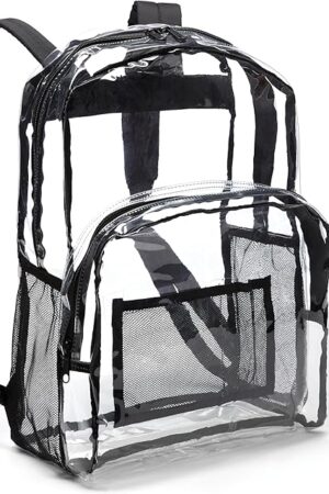 Amazon Basics Transparent School Backpack, With Water-Resistant PVC Plastic Material and Ruggedly Reinforced Shoulder Straps, Clear