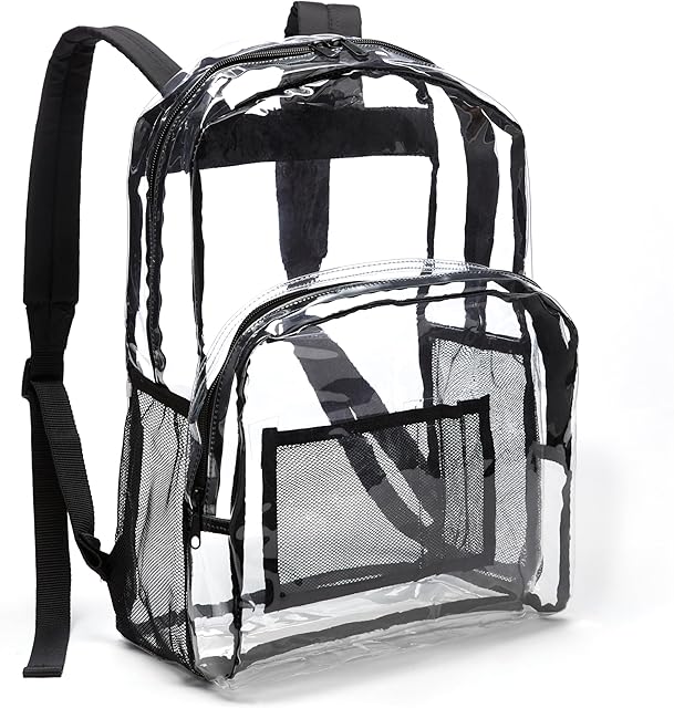 Amazon Basics Transparent School Backpack, With Water-Resistant PVC Plastic Material and Ruggedly Reinforced Shoulder Straps, Clear