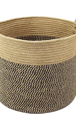 Casaphoria Jute Large Basket Woven Storage with Handles – Natural Jute Laundry Basket for Towels Blanket Home Decor,14" x 14" x 12" ,pack of 1, Black and Jute