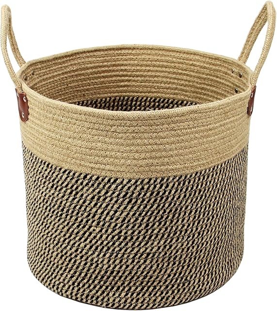 Casaphoria Jute Large Basket Woven Storage with Handles – Natural Jute Laundry Basket for Towels Blanket Home Decor,14" x 14" x 12" ,pack of 1, Black and Jute