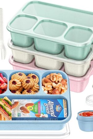 Bento Snack Containers (4 Pack) - 4-Compartment Snackle Box Container Bento Box for Kids/Adults, 44Oz/1300ML Meal Prep Containers Reusable with 2 Sauce Containers & Utensils (Wheat)