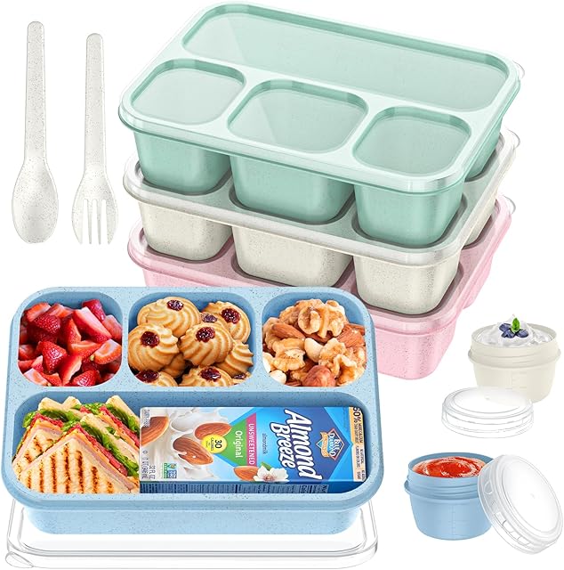 Bento Snack Containers (4 Pack) - 4-Compartment Snackle Box Container Bento Box for Kids/Adults, 44Oz/1300ML Meal Prep Containers Reusable with 2 Sauce Containers & Utensils (Wheat)