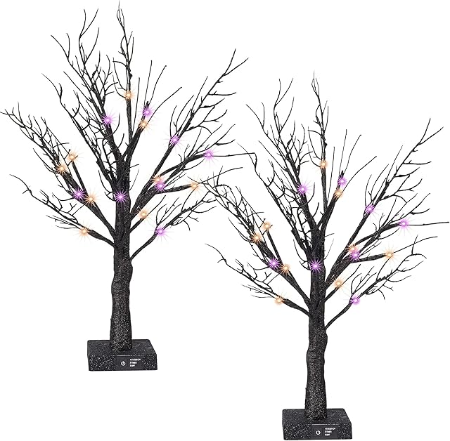Dazzle Bright 2 Pack 20 Inch Orange & Purple Lighted Halloween Birches Tree Decor, 24 LED Battery Operated Halloween Decorations Artificial Black Spooky Tree with Timer for Indoor Home Party