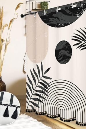 Boho Mid Century Leaf Shower Curtain Set,Arch Sun Design,Minimalistic Leaves Pattern,Waterproof and Luxurious Fabric-12 Hooks(Black and White-72" x 72")