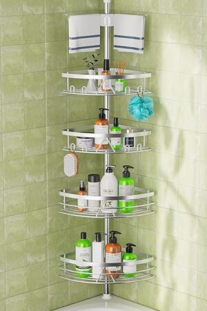 Dicasser Corner Shower Caddy - Tension Pole Rod Organizer, Floor to Ceiling 20-113 inch, Adjustable Towel Rack Waterproof Rustproof, Stainless Steel