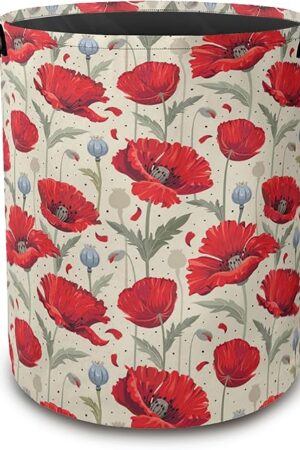 Vintage Poppy Laundry Hamper,Collapsible Laundry Baskets,Red Flowers Dirty Clothes Baskets with Handles,Oxford Cloth Hamper for Bedroom,Bathroom,College Dorms, 16"x20"