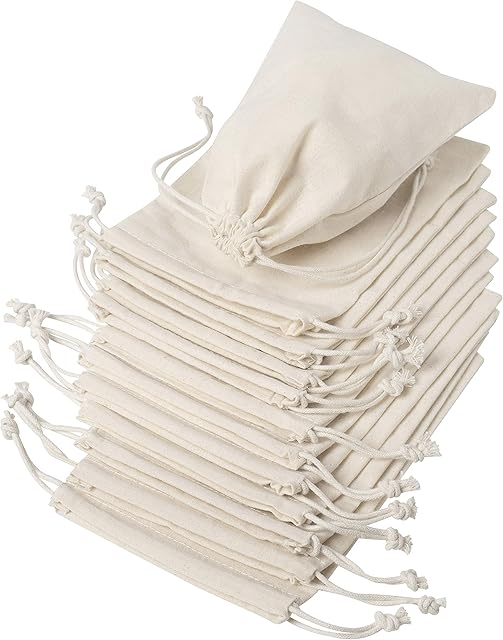 DR Cotton Muslin Drawstring Bags 5×7 Inch – 12‑Pack Unbleached Reusable Favor Pouches for Crafts, Herbs, Gifts & Pantry Storage | Heavyweight 144 GSM | Double Drawstring