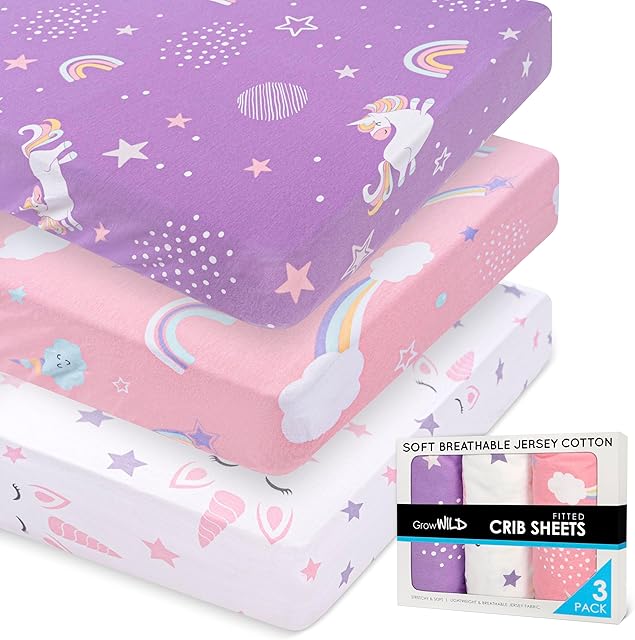 GROW WILD Baby Crib Bedding Set Unicorns & Rainbows Fitted Crib Sheets for Girls