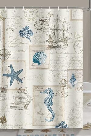 Bonhause Nautical Coastal Shower Curtain, Vintage Ocean Beach Seashell Seahorse Lighthouse Bathroom Decor 72x72 Inch Polyester Fabric Waterproof Bath Curtain with 12 Hooks