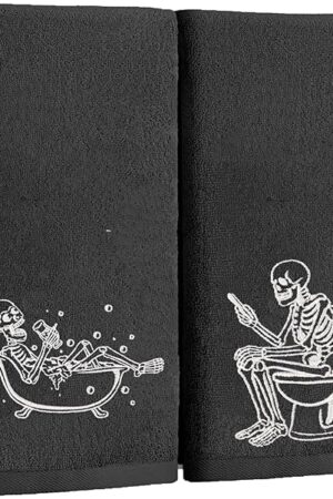 2 Pack Luminous Halloween Hand Towels 100% Cotton Embroidered Skull Halloween Kitchen Towels Glow in The Dark Black Skeleton Bathroom Towels Seasonal Bathroom Decor(Black Skeleton)
