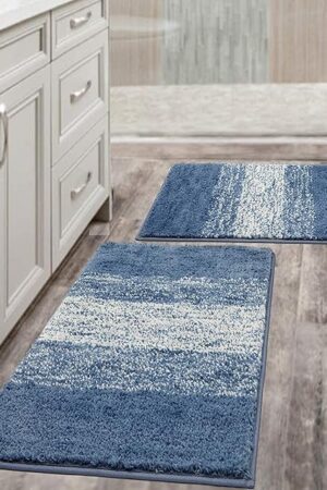 Vaukki Bathroom Rugs Bath Floor Mats Bath Carpet Microfiber Striped for Bathroom and Shower 18''x26''+20''x32'' Blue