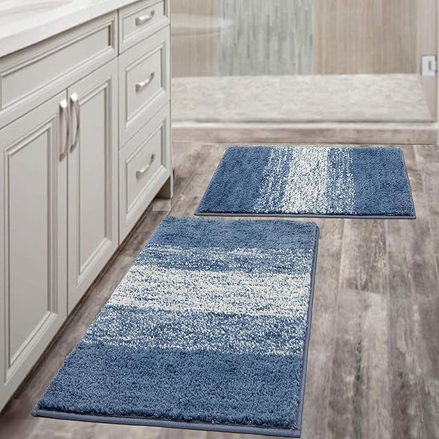 Vaukki Bathroom Rugs Bath Floor Mats Bath Carpet Microfiber Striped for Bathroom and Shower 18''x26''+20''x32'' Blue