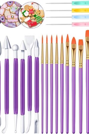 24 Pieces Cookie Decorating Fondant Cake Decorating Tool Set Include Brushes Sugar Stir Needle Fondant Modeling Tool Elbow and Straight Tweezer(Purple)