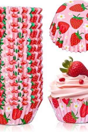 300Pcs Strawberry Cupcake Liners Strawberry Baking Cups Pink Summer Fruit Theme Standard Muffin Cupcake Wrapper for Wedding Bridal Baby Shower Birthday Party Decor