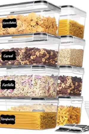 Vtopmart Airtight Food Storage Containers with Lids 8PCS Set 3.2L, Plastic Spaghetti Container for Pasta organizer, BPA Free Air Tight House Kitchen Pantry Organization
