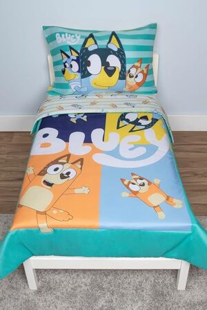Bluey 4 Piece Toddler Bedding Set – Includes Comforter, Sheet Set – Fitted Top Sheet Reversible Pillowcase for Boys or Girls Bed, Blue