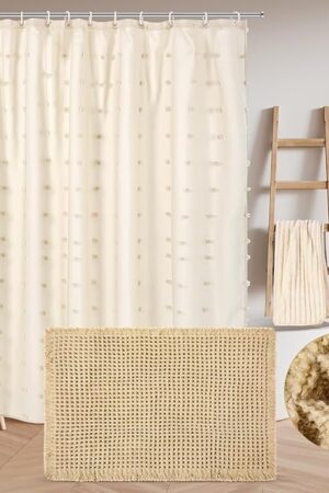 3 Pcs Boho Farmhouse Bathroom Shower Curtain Set with Waffle Bath Mat and Towel Cream Waterproof neutral shower curtain Non Slip with 12 Hooks for Bathroom and Hotel Tub Decor 70.87 x 70.87