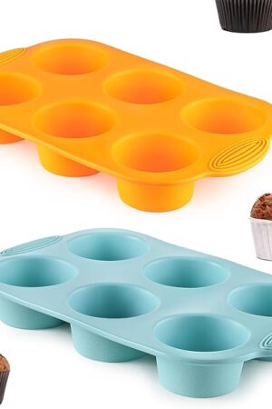 2PCS Silicone Muffin Cupcake Pan Molds, Ohola 6-Cavity Nonstick Silicone Muffin Pans for baking, Perfect for Cupcakes, Muffin, Brownies and More, BPA Free, 2 Pack (Orange and Peacock Blue)