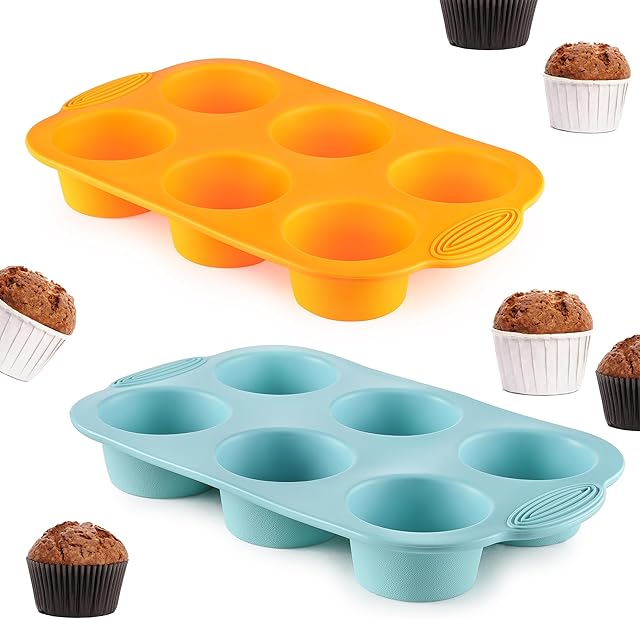 2PCS Silicone Muffin Cupcake Pan Molds, Ohola 6-Cavity Nonstick Silicone Muffin Pans for baking, Perfect for Cupcakes, Muffin, Brownies and More, BPA Free, 2 Pack (Orange and Peacock Blue)