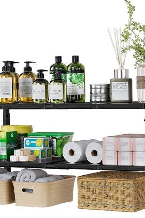 2-Tier Expandable Under Sink Organizers, Adjustable Height & Length Under Kitchen Sink Organizer with 8 Removable ABS Panels & Metal Frame, Cabinet Shelf for Bathroom, Pantry, Shoe Storage Rack