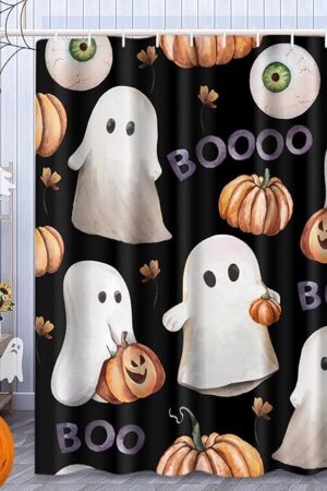 Bayson Halloween Shower Curtain, Black Cute Ghost Orange Pumpkins Bath Curtain for Bathroom Decor Waterproof Polyester Fabric 72 x 72 Inches Set with Hooks