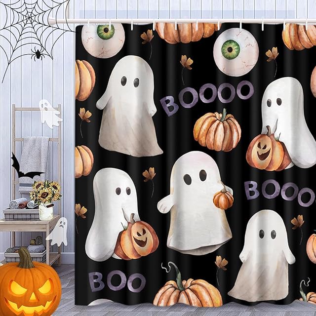 Bayson Halloween Shower Curtain, Black Cute Ghost Orange Pumpkins Bath Curtain for Bathroom Decor Waterproof Polyester Fabric 72 x 72 Inches Set with Hooks
