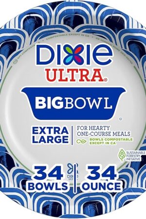 Dixie Ultra Extra Large Paper Bowls, 34 oz, 34 Count, Compostable, Microwave Safe, Disposable Bowls for Heavy Meals, Soups, Stews, and Everyday Use
