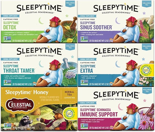 Celestial Seasonings Wellness Tea Sleepytime Variety Pack, Detox, Sinus Soother, Throat Tamer, Sleepytime Extra, Honey, Immune Boost, Caffeine Free Sleep Tea, 20 Tea Bags (Pack of 6)
