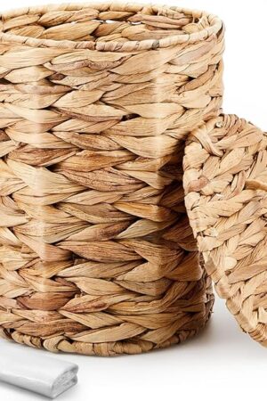 Ctosree 1.3 Gallons Small Trash Can with Lid Handle Boho Woven Braided Bathroom Waste Basket Trash Can with 100 Garbage Bags for Bedroom Office Laundry (Natural,Braided Wicker,Round)